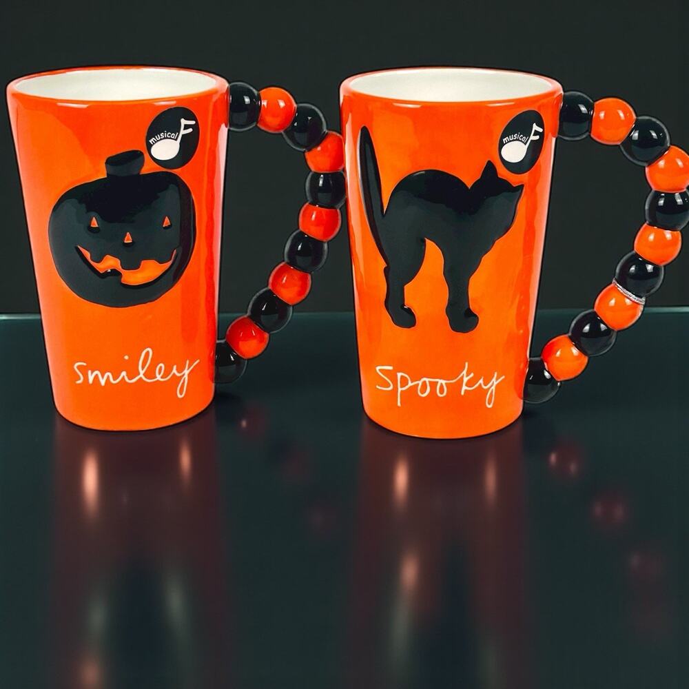 2 Dept 56 Halloween Mugs Spooky Cat Smiley JOL Make Soft Creepy Sounds